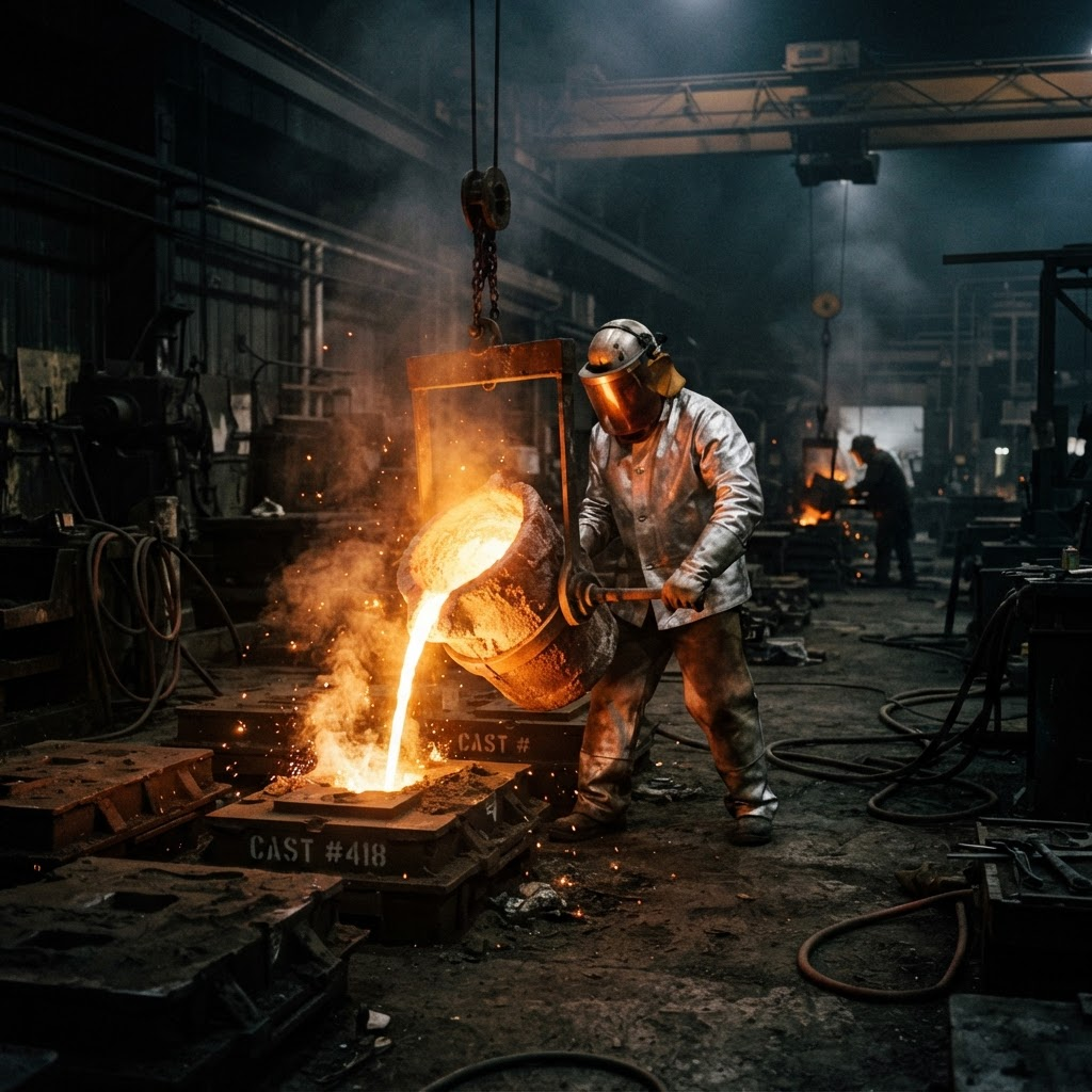 Molten metal being poured into a sand mold