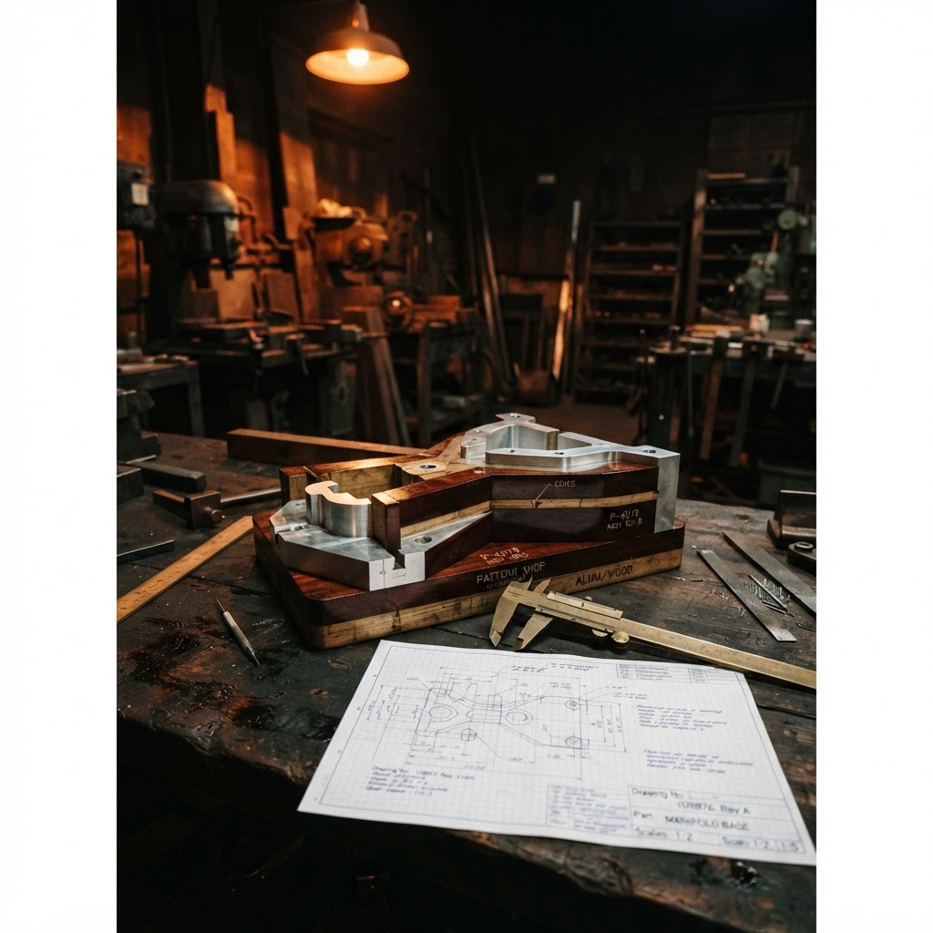 Precision casting pattern for foundry with engineering calipers and technical drawings